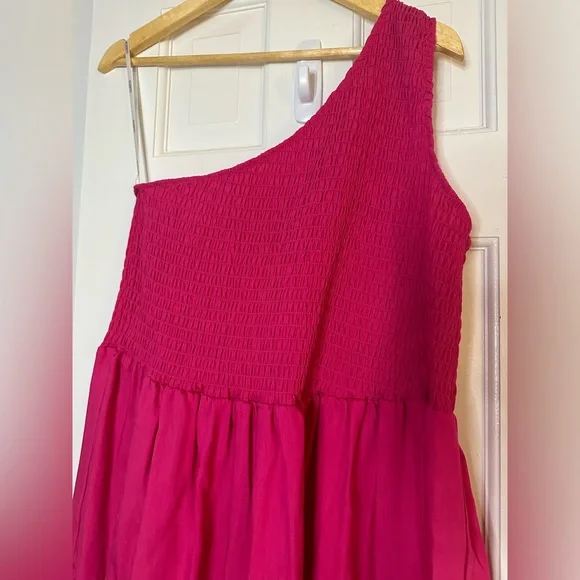 ELOQUII Smocked Bodice One Shoulder Tiered Midi Dress Hot Pink Plus Size 16 - Picture 2 of 5